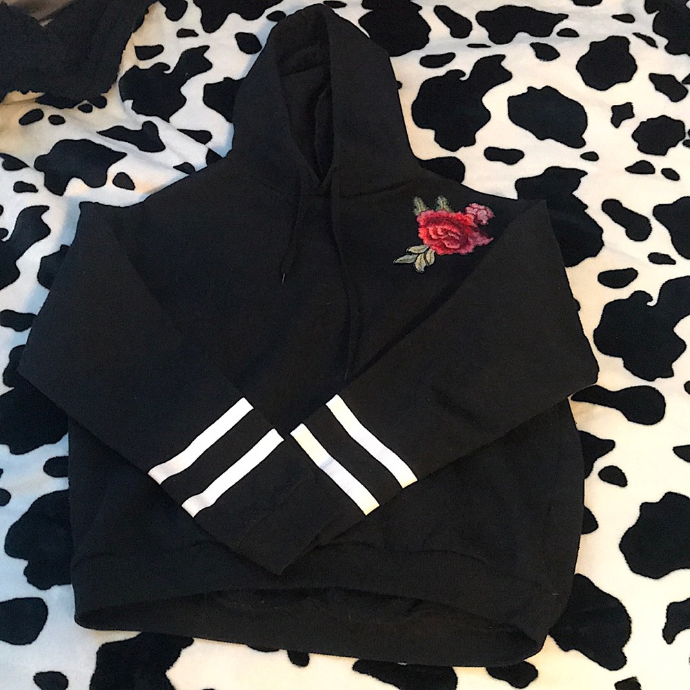 black hoodie with rose